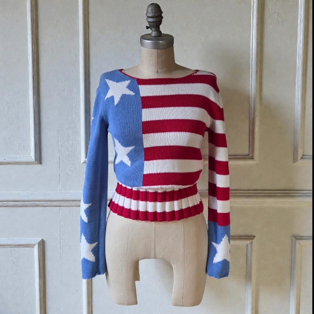 USA Vintage Patriotic Stars & Stripes Knit Pullover Sweater Red White Blue